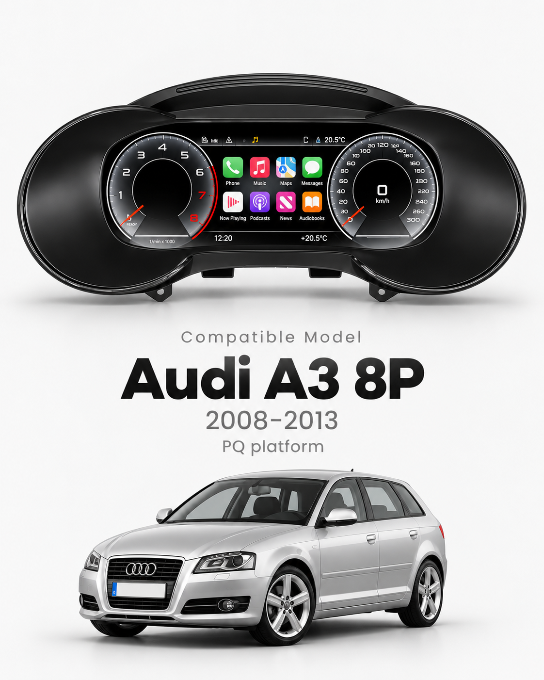 Audi A3 8P 10.25-Inch Digital Instrument Cluster with Wireless CarPlay & Android Auto 2008–2013 | LADP