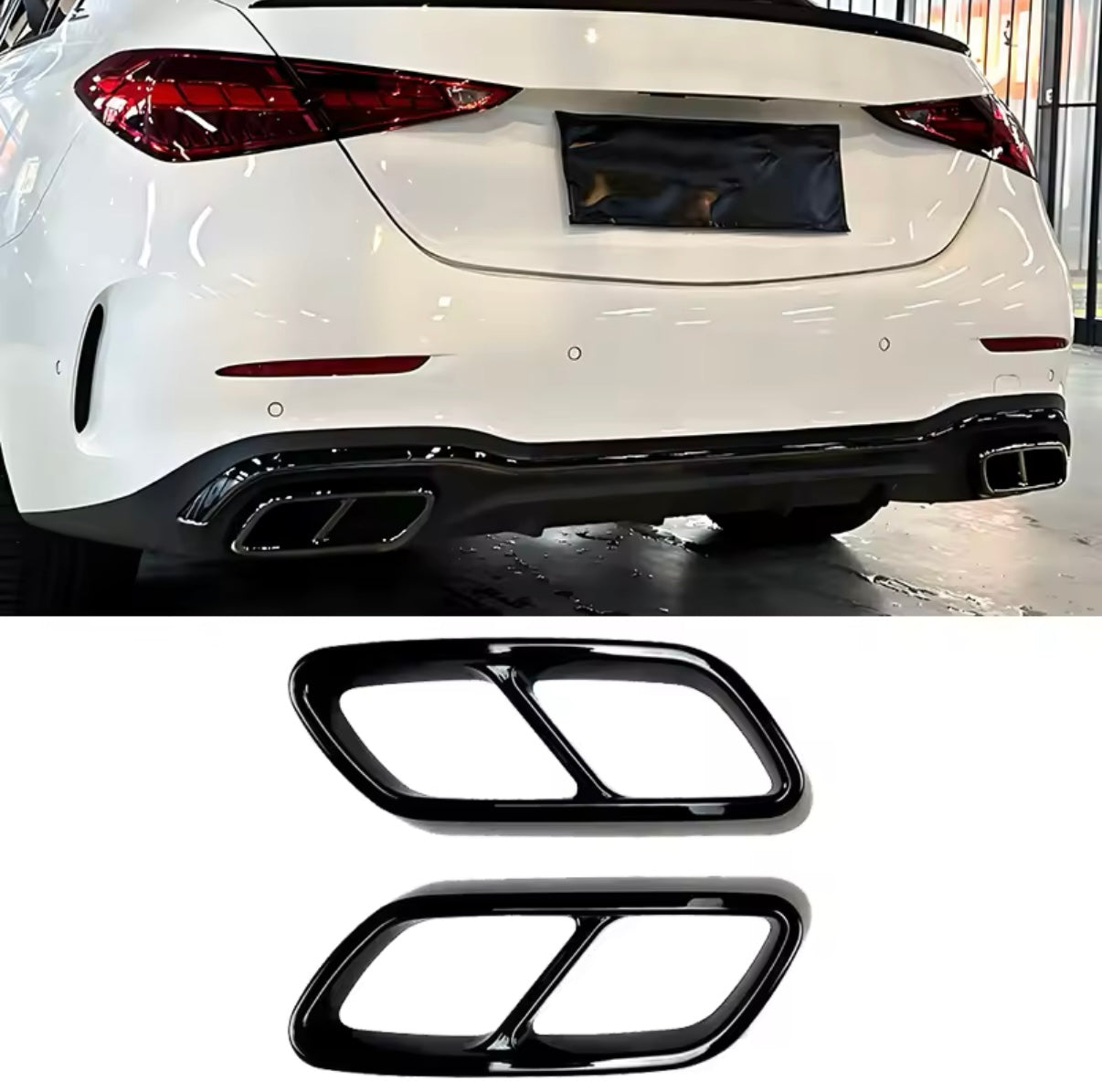 Schwarze Hochglanz-Auspuffblenden für Mercedes-Benz C-Klasse W206 (2021–2023) – Ersatz für Chromblenden