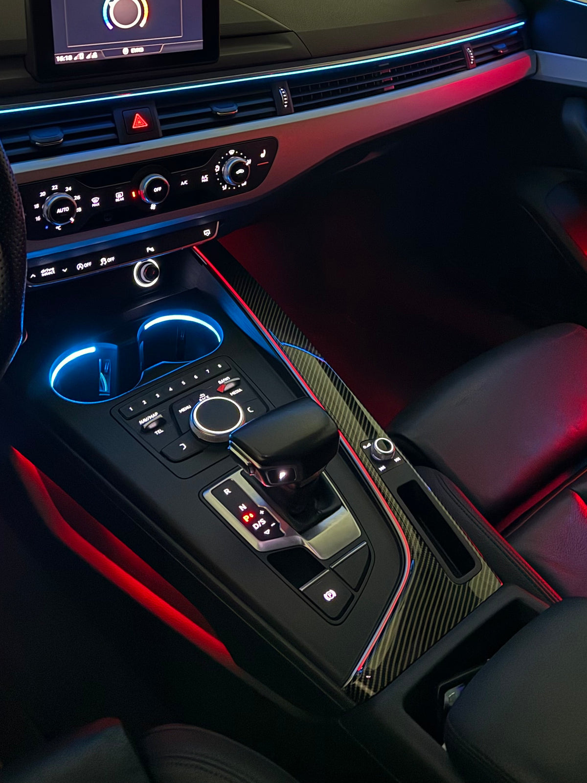 Audi A4 & A5 B9 Center Console Ambient Lighting Upgrade – Gloss Black & Carbon Fiber Look | LADP