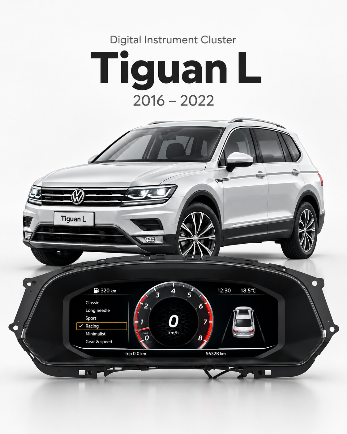 Volkswagen Tiguan L 12.3-Inch Digital Instrument Cluster with Wireless CarPlay & Android Auto 2016–2022 | LADP