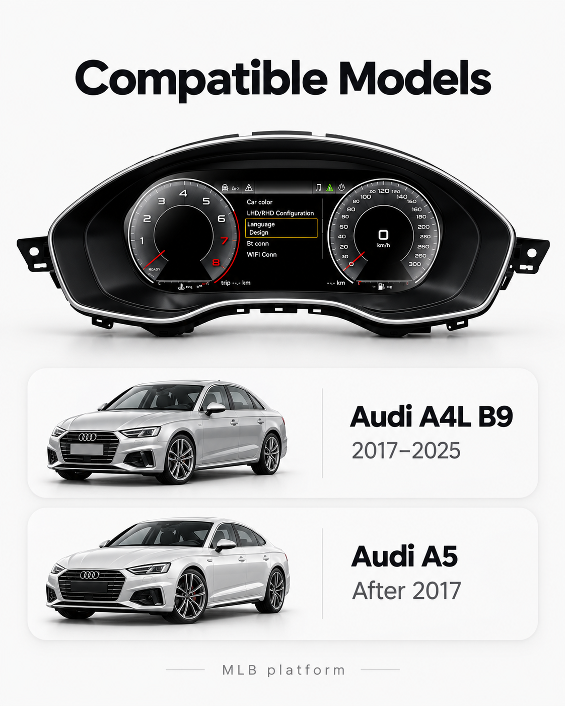 Audi A4L B9 & A5 12.3-Inch Digital Instrument Cluster with Wireless CarPlay & Android Auto | LADP