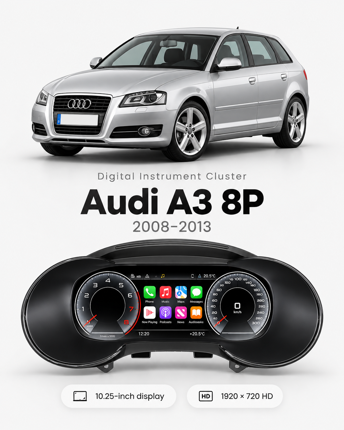 Audi A3 8P 10.25-Inch Digital Instrument Cluster with Wireless CarPlay & Android Auto 2008–2013 | LADP