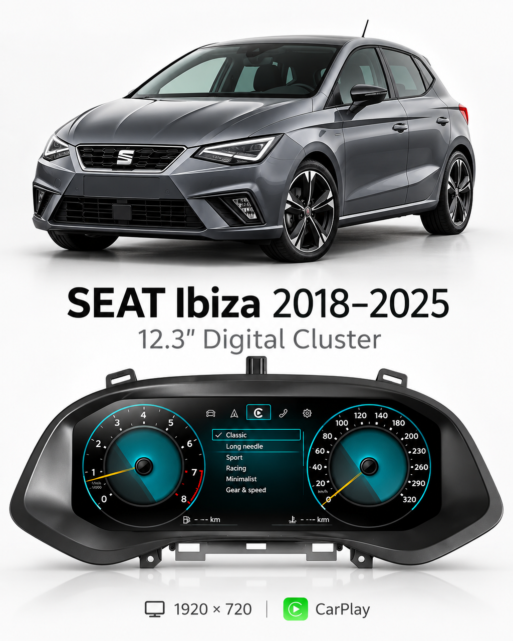 SEAT Ibiza 12.3-Inch Digital Instrument Cluster with CarPlay & Android Auto 2018–2025 | LADP