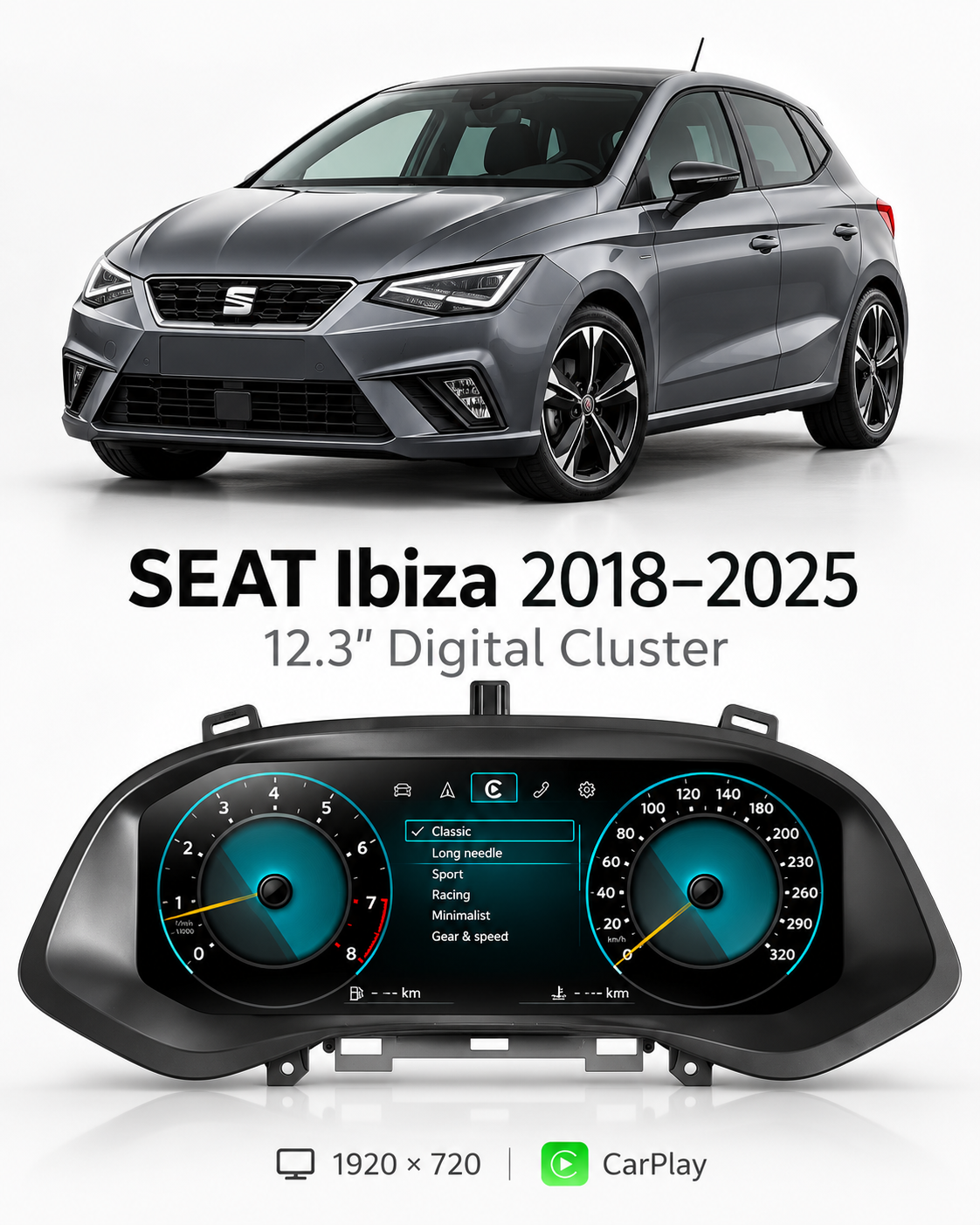 SEAT Ibiza 12.3-Inch Digital Instrument Cluster with CarPlay & Android Auto 2018–2025 | LADP