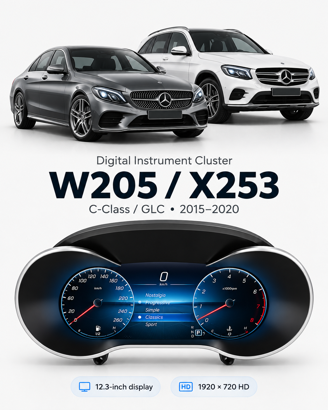 Mercedes-Benz C-Class W205 & GLC X253 12.3-Inch Digital Instrument Cluster with CarPlay & Android Auto 2015–2020 | LADP