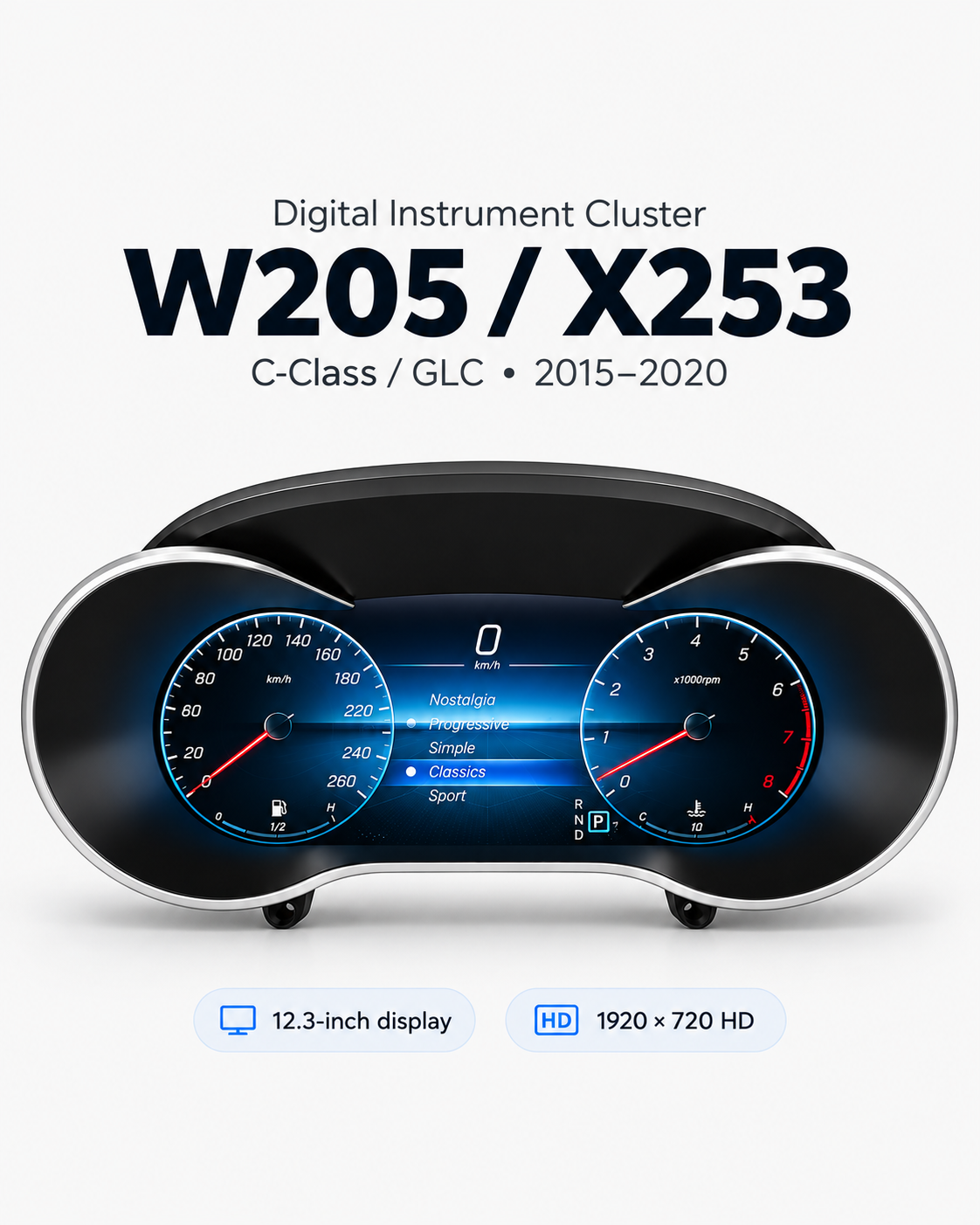 Mercedes-Benz C-Class W205 & GLC X253 12.3-Inch Digital Instrument Cluster with CarPlay & Android Auto 2015–2020 | LADP