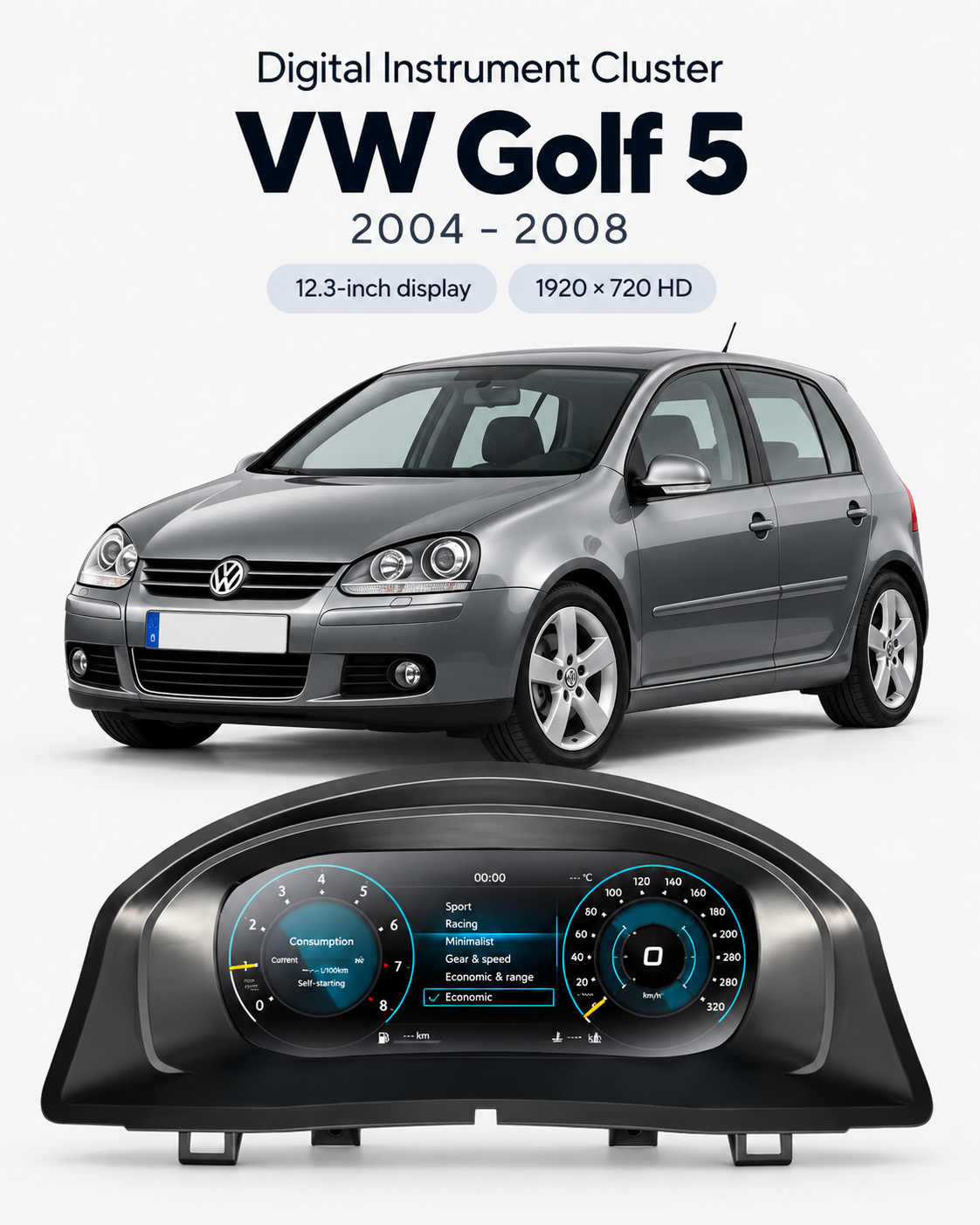 Volkswagen Golf 5 MK5 12.3-Inch Digital Instrument Cluster with Wireless CarPlay & Android Auto 2004–2008 | LADP