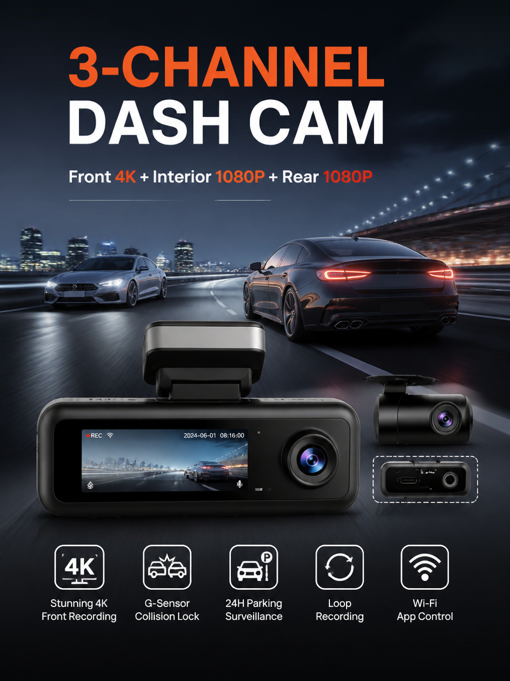 3 Channel Dash Camera with 4K Front Camera, Interior Camera and Rear Camera | GPS, WiFi & Night Vision